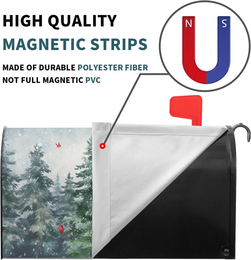 Granbey Winter Watercolor Tree Magnetic Mailbox Cover Large Size 25.5x21 Inch Christmas Dark Green Pine Trees Mail Box Post Cover Rustic Forest Red Bird Letter Box Wraps for Home Outdoor Garden Yard Decor - Image 4